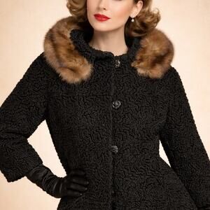 Vintage 1950s 60s Black Textured Cocktail Coat Fur Collar ILGWU Union Made